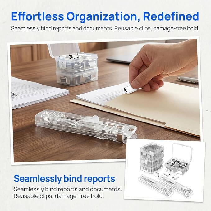 Portable Paper Clam Clip Dispenser 2pcs - Reusable Push Stapler with 200 Refill Clips, No-Hole Binding - Up to 40 Sheet Capacity, Handheld for Document Office School Desk (Transparent)