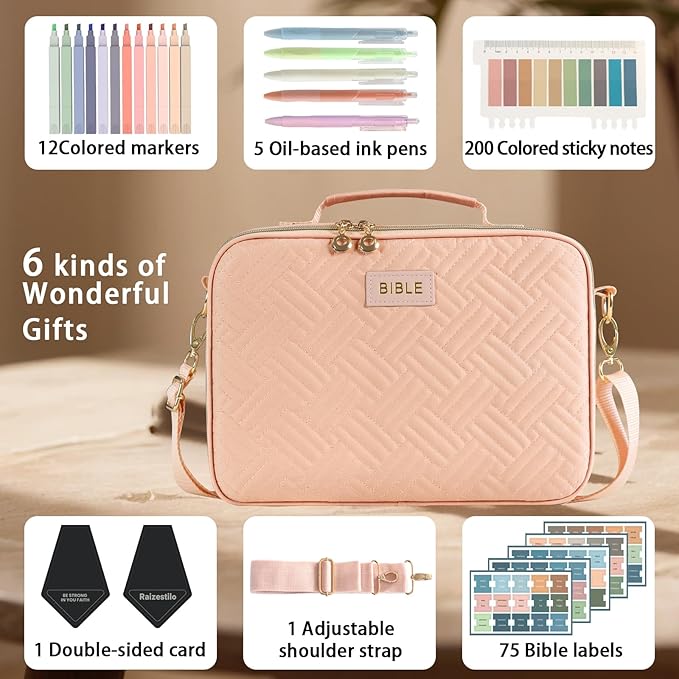 Bible Cover for Women Bible Case, Large Bible Bag, Bible Study Supplies Bible Journaling Kit Book Carrying Case with Bible Highlighters Tabs, Valentines Day Christian Gifts for Women（Pink