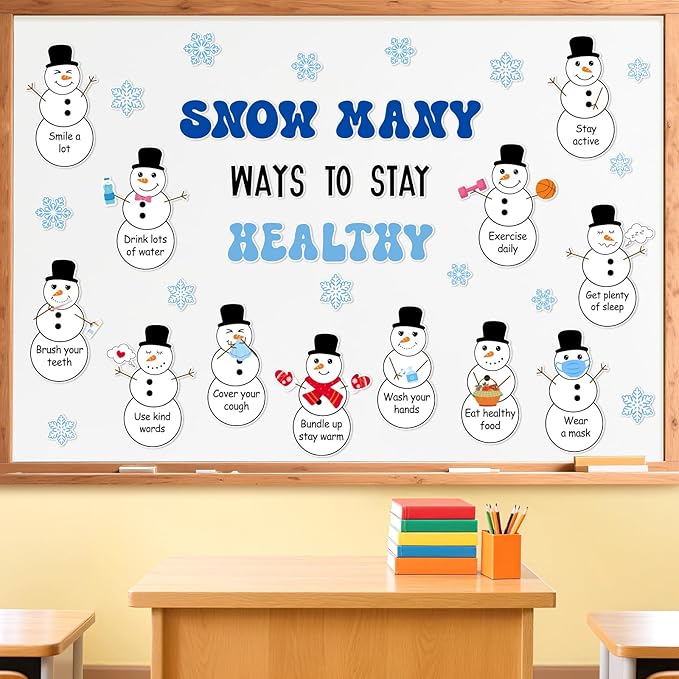 JarThenaAMCS Winter Snowman Cutouts Winter Healthy Habits Bulletin Board Decoration Set Christmas Snowman Snowflake Paper Cut Outs for Holiday School Classroom Chalkboard Wall Door Decor