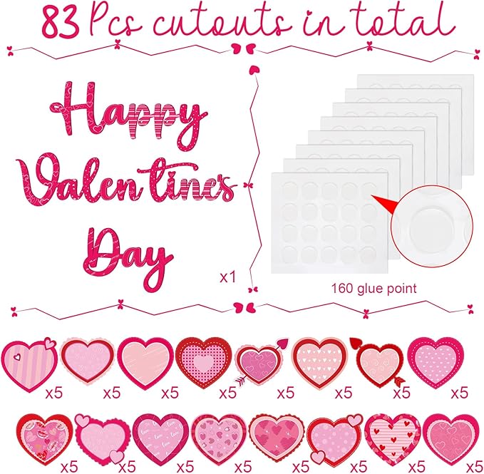 Gersoniel 83 Pieces Valentine's Day Bulletin Board Decorations Paper Love Hearts Cutouts Happy Valentines Cutouts for Romantic Classroom Home Window Door Wall Decorations Supplies