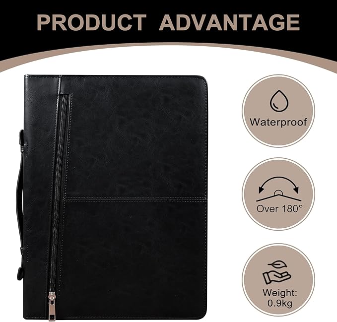 Calfinder Vegan Leather Padfolio with Zipper&Handle,Padfolios for Women&Men,Business Portfolio Organizer for Ipad,Notepad Folder with Phone Pocket and Card Holder,Portfolio Binder