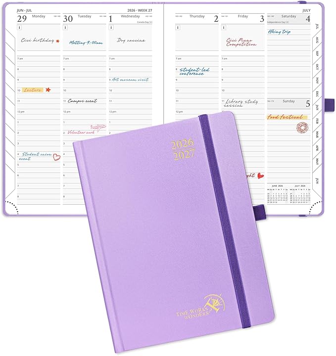 POPRUN 2026-2027 Academic Planner, 6.5" x 8.75", Weekly and Monthly Calendar, July 2026 to June 2027, Hardcover Appointment Book with Verital Layout, Hourly Time Slots, Monthly Tabs - Violet