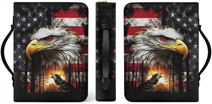 Leather Bible Covers for Men Women,Small PU Bible Bag with Bookmark Bible Case Carrying Bag Fits Book Accessory,Bald Eagle Wolf and American Flag Prints