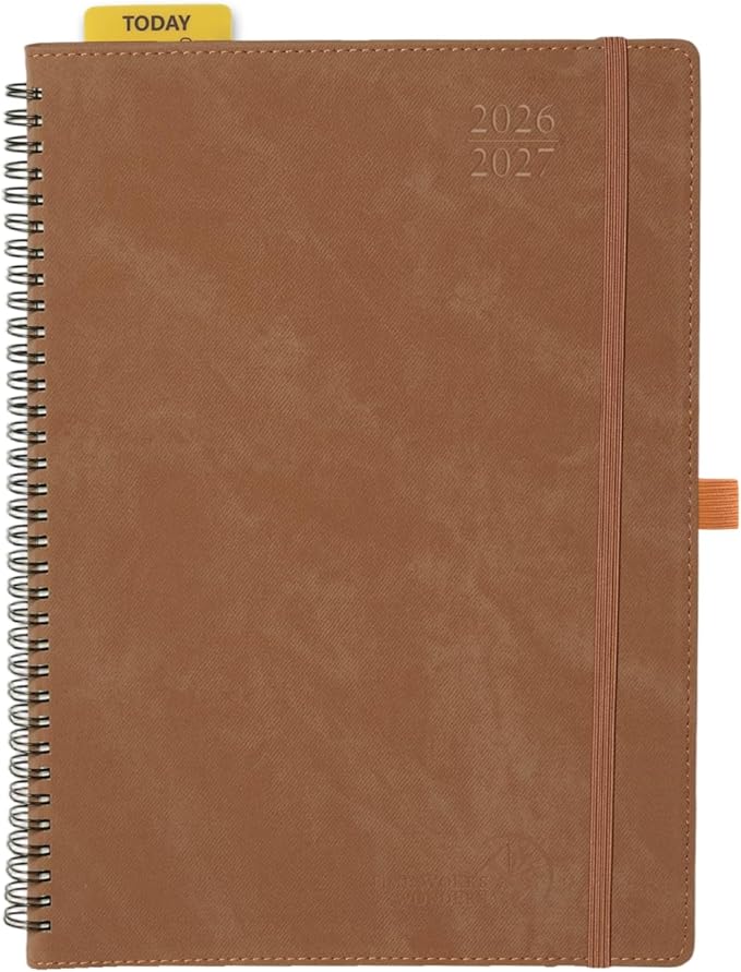 POPRUN 2026-2027 Academic Weekly Planner, Large Size 8.25" x 11.75", July 2026 to June 2027, Wire Bound Calendar with Vertical Layout, Quarter Hourly Time Slots, Leather Softcover, Monthly Tabs - Brown