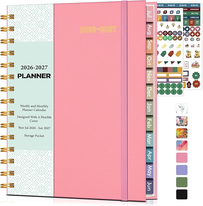 Academic Planner 2026-2027, Weekly and Monthly Calendar Planner from July 2026 - June 2027, 6.1" x 8.2" A5 Large Daily Agenda Book with Tabs, Flexible Cover, College School Organizer for Student Teacher,Pink