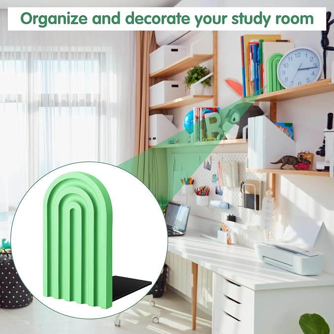 Harloon 4 Pcs Boho Arch Wooden Bookends, Decorative Rainbow Book Stoppers with Non-Slip Metal Base, 5x3x4 Inches, Cute Shelf Decor for Heavy Books, Home Office Study Desk Organizer(Green Color)