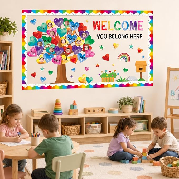 85pcs Classroom Tree Bulletin Board Heart DIY Photo Name Tags Cutouts Back to School Watercolor Accents You Belong Here Welcome Classroom Decor for Nursery Elementary Chalkboard Wall Decor（Watercolor）
