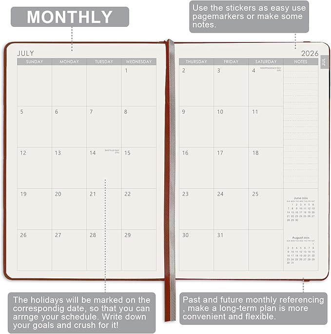 Planner 2026-2027 - Jul. 2026 - Jun. 2027, Academic Planner 2026-2027, Leather Planners Weekly and Monthly, 6.3" x 8.4", Hardcover with Back Pocket + Thick Paper + Twin-Wire Binding - Wine Red