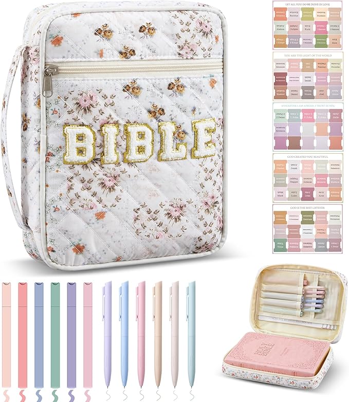 Sinload Quilted Bible Cover Case for Women Large Carrying Bag with Organizer Tabs 6 Colored Pens 6 Highlighters Book Tote Bags with Handle Bible Carry Supplies Christian Gifts(Colorful Floral)