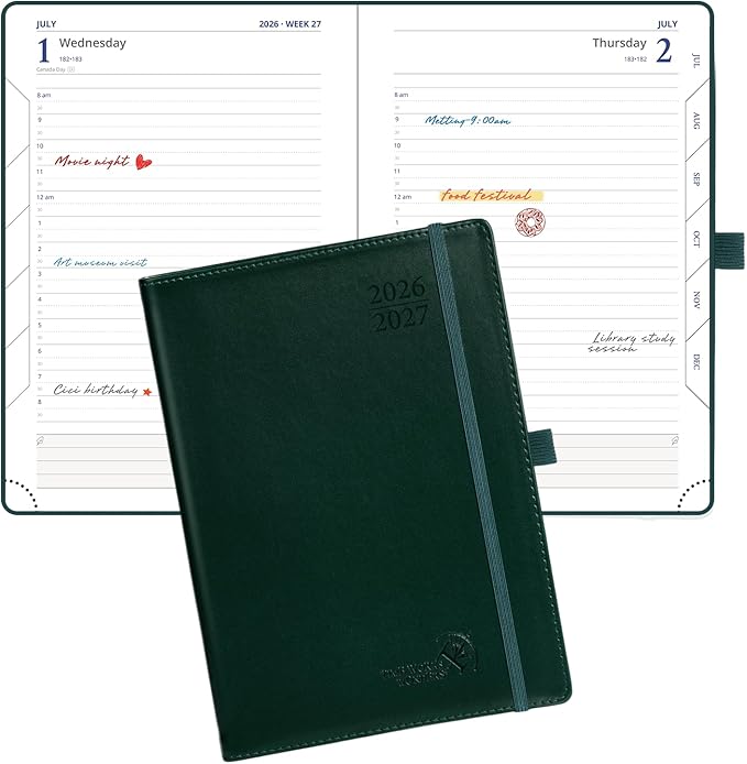 POPRUN Daily Planner 2026-2027 One Page per Day, (A5 Size 5.7" x 8.5") Academic Planner (July 2026 - June 2027) Hourly Appointment Book with Vegan Leather Hardcover, Monthly Tabs & Inner-pocket - Dark Green