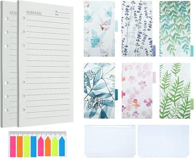 A6 Refill Paper set, 6 Plastic Binder inserts, 2 A6 Lined Refill Paper, 2 Binder Pockets, 160 Index Tabs,6 Holes Refillable Paper for Planner Organizer Notebook Journal (Mori Series)