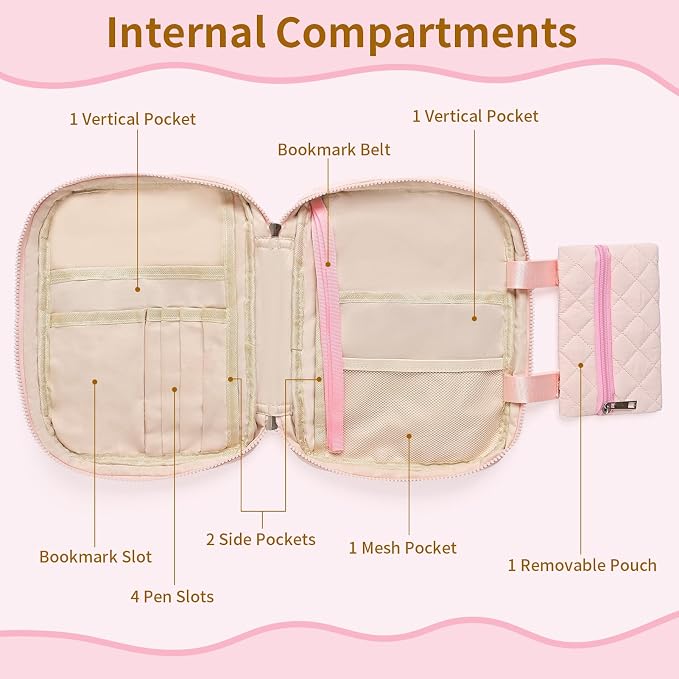 Quilted Bible Cover for Women, Zippered Bible Case with Handle, Bible Organizer Bag w/Multiple Pockets & Pen Slots Lightweight Bible Tote Bag for Church Study, Gifts for Women (Pink)