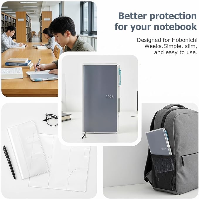 2 Pack Frosted Clear Cover for Hobonichi Weeks Planner, Matte PVC Weeks Planner Cover with Pen Loop and Card Pockets, Slim Protective Sleeve for Standard Weeks Book and Kinbor Weeks