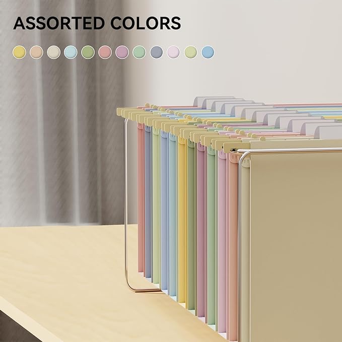 Ansook Legal Size Hanging File Folders, 2" Expansion Legal Plastic File Folders Hanging with Tabs, 12 Pack Pastel Colors Hanging Organizers for Filing Cabinet, Home Office Law Firm Document Storage