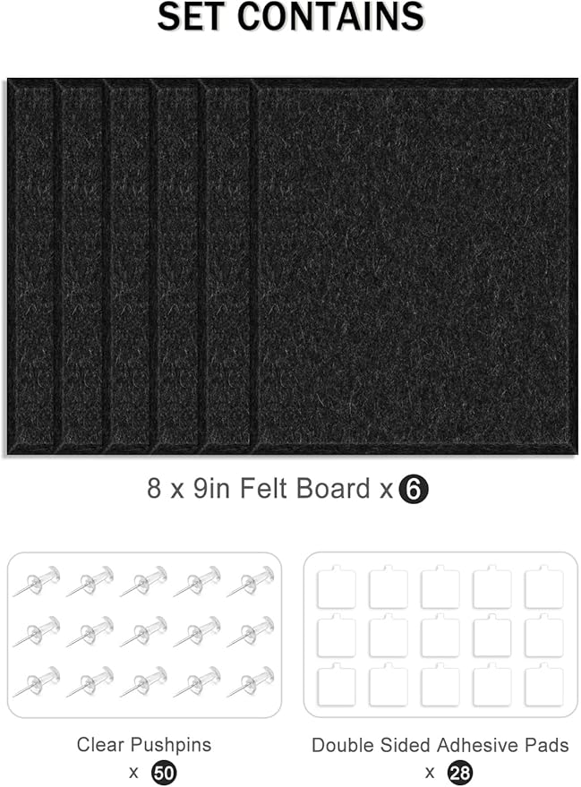 Hsurbtra Cork Board for Wall 24 x 18 Inch, 6 Pack Felt Bulletin Notice Board with Pushpins for Office Home School Farmhouse Wall Decor, Black