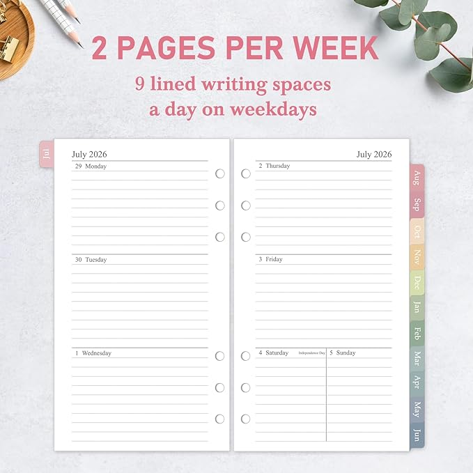 2026-2027 Weekly & Monthly Planner Refill, 3.8"x6.8", A6 Small Size Planner Inserts with Colorful Monthly Tabs, Size 3, July 2026 - June 2027, 6-Hole Punched