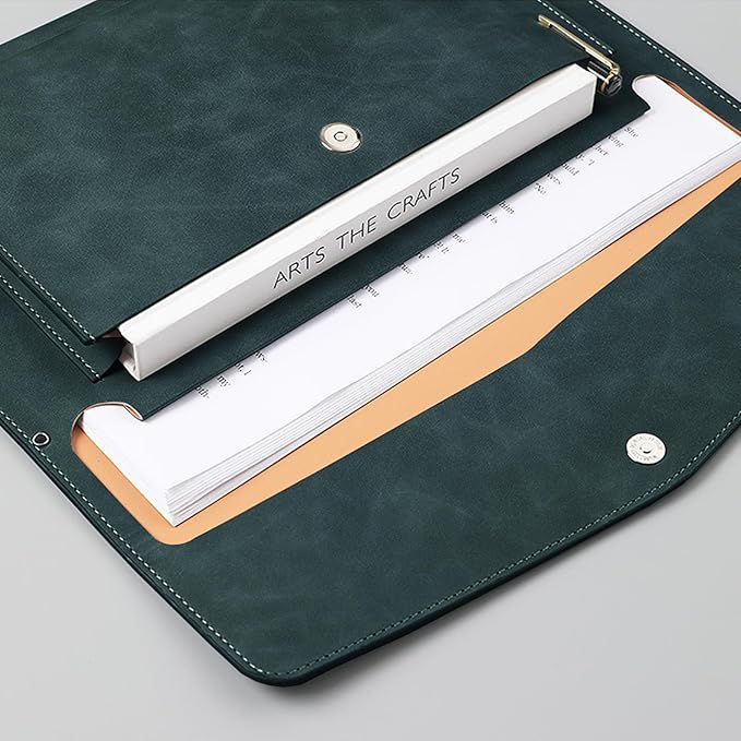 PU Leather A4 File Folder Document Holder with 2 Compartments Envelope Folder Case with Snap Closure for Receipt Contract (Green)