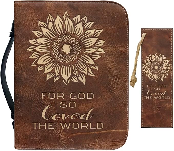 Retro Style Cross Sunflower Bible Case with Bookmark Waterproof Bible Cover Case for Women Lightweight Bible Bag with Handle Pockets Church Book Bag Brown