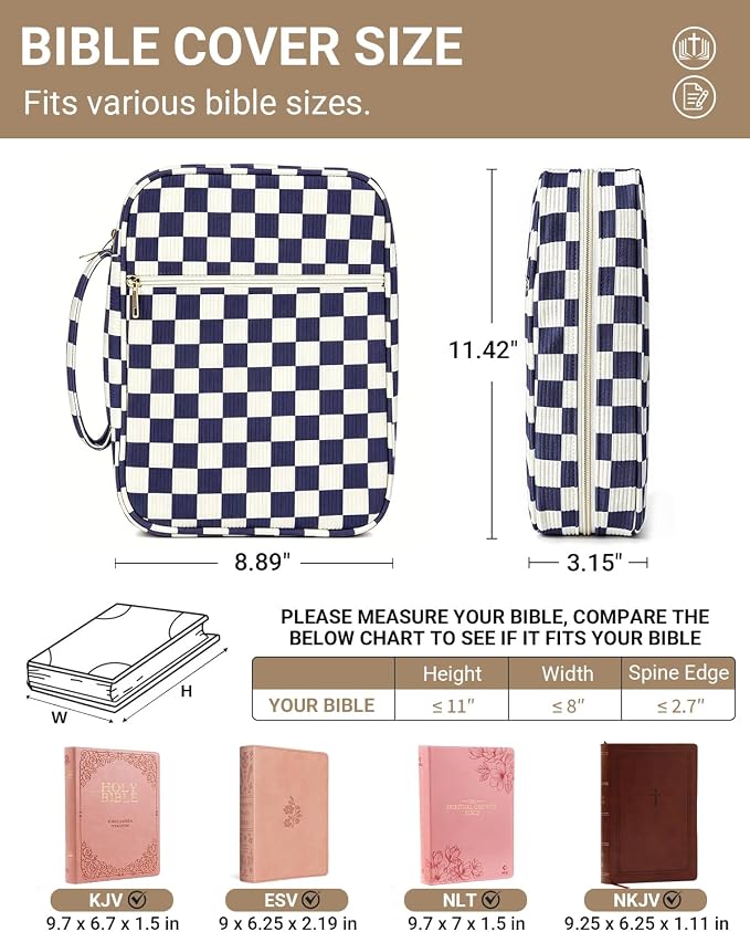 Bible Cover case for Women,Large Bible Bag,Bible Study Supplies,Checkered Corduroy Bible Case for Girls,Christian Gifts for Women,Mother's Day(Blue Large)
