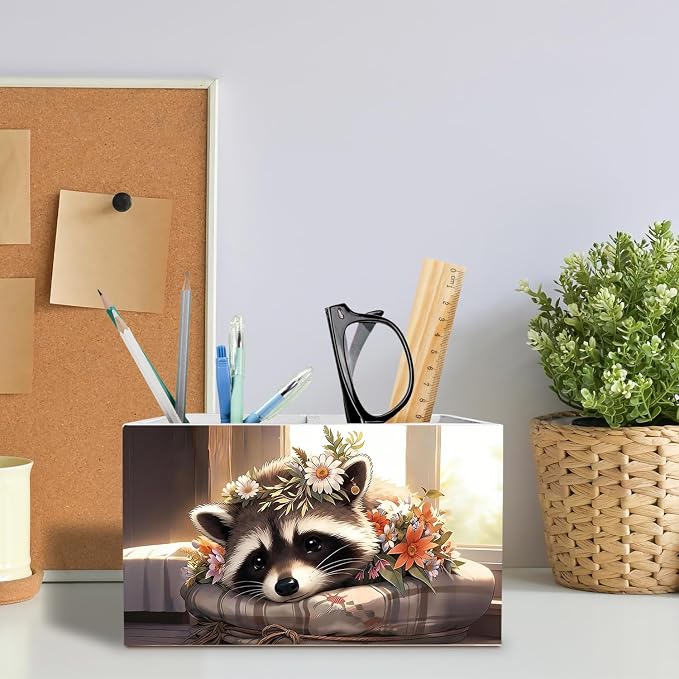 Rustic Raccoon Pen Holder for Desk, Gifts for Raccoon Lovers Pencil Organizer, Farmhouse Floral Trash Panda Wooden Box Sign Desk Decor for Home Office Decoration