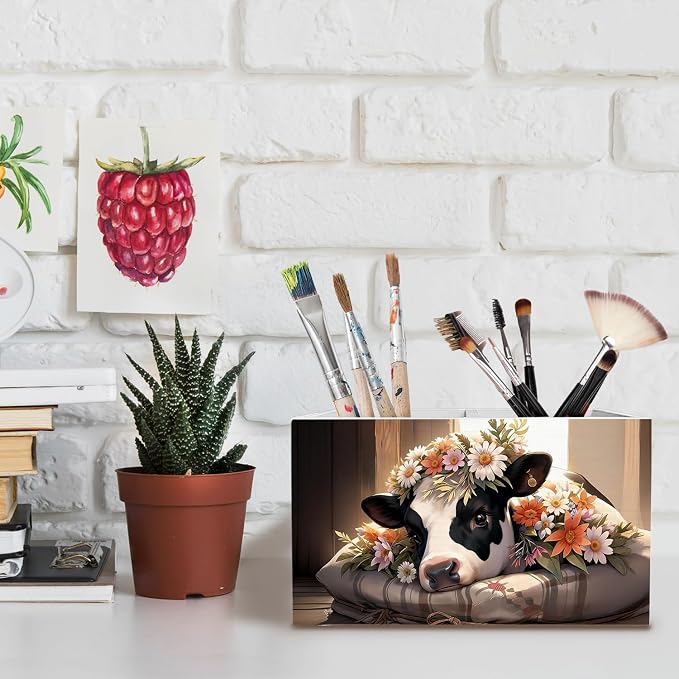 Cottagecore Floral Cow Pen Holder for Desk, Cow Lovers Gifts for Women Pencil Organizer, Farmhouse Animal Wooden Box Sign Desk Decor for Farmhouse Home Office Decoration