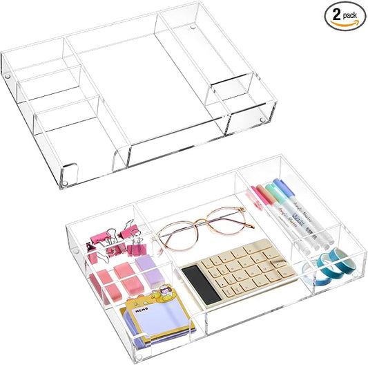 Briwooody 2 Pcs Clear Acrylic Desk Drawer Organizer 12 x 8 x 1.77 Inch Drawer Organizer Trays with 6 Compartments Desk Accessories for Office Makeup Silverware Bathroom
