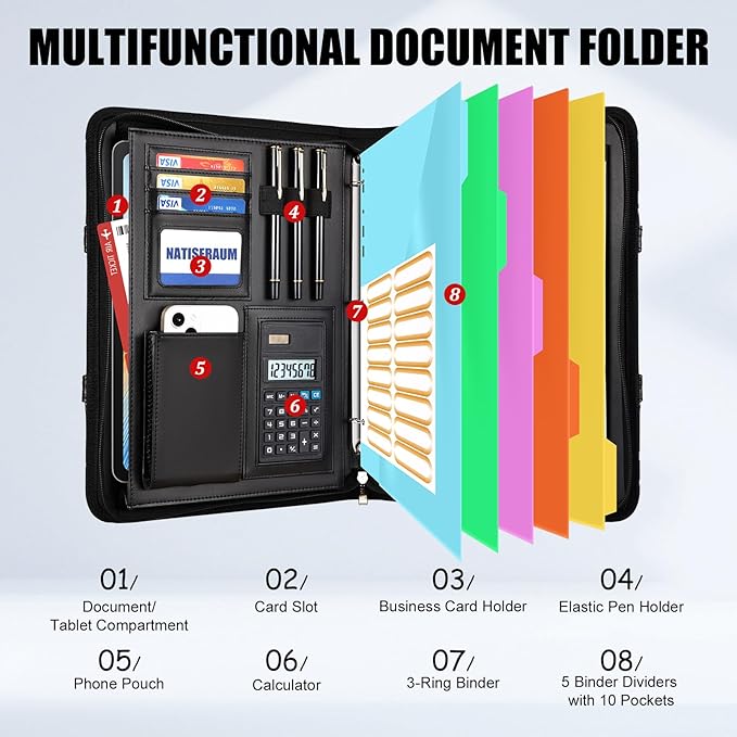 Portfolio Binder 3 Ring Includes Pen and 5 Dividers with 10 Pockets, Padfolio Organizer with Magnetic Handle for Men and Women, Includes A4 Notepad for Business, School, Work