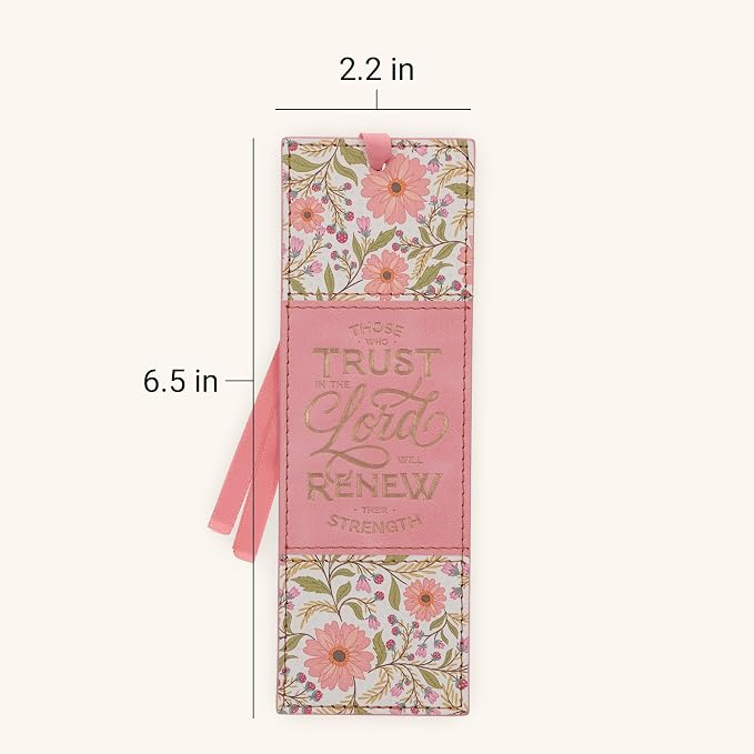 Christian Art Gifts Premium Faux Leather Inspirational Scripture Bookmark for Women: Trust in the Lord Encouraging Bible Verse, Multicolor Coral Pink Floral Design w/Gold, Cute Satin Ribbon Markers