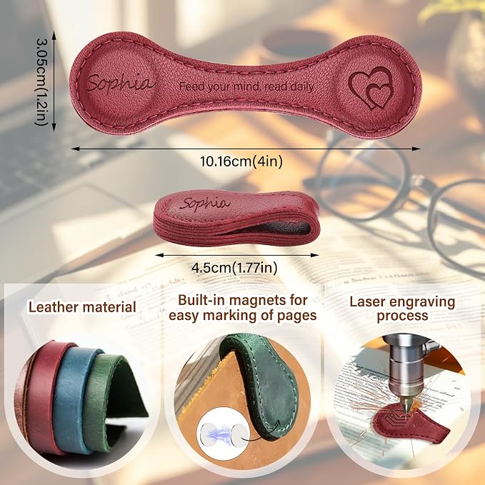 Personalized Leather Magnetic Bookmarks Custom Engraved Leather Magnetic Bookmarks Clips with Name Initial Personalized Gifts for Book Lovers Readers