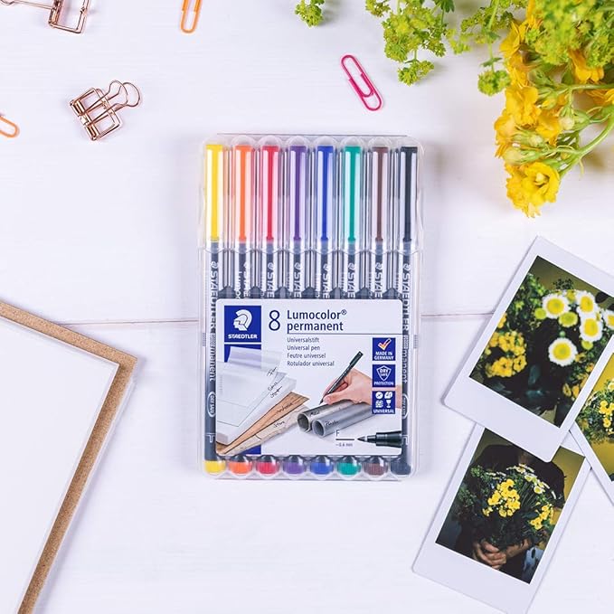 STAEDTLER Lumocolor Permanent Universal Pen: Set of 8 Permanent Markers, Assorted Colors, Felt Tip, Fine Tip 0.6mm - Multi Surface, Quick Dry, Smudge-Proof & Waterproof - For Home, School & Office