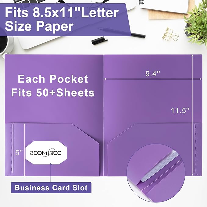 BOOMIBOO Colored Plastic Folders with Pockets (7 Pack, Assorted Bright Colors), Durable Heavy Duty File Folders with Business Card Slot, 2 Pocket Folders for Schoolwork & Office,Letter Size