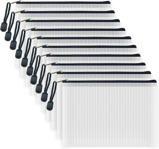 10 Pcs Zipper File Bags, Waterproof Plastic Mesh Pouch for Office School, Board Game Storage Bags (B6 Size 7.6''x5.3'', White and Black)