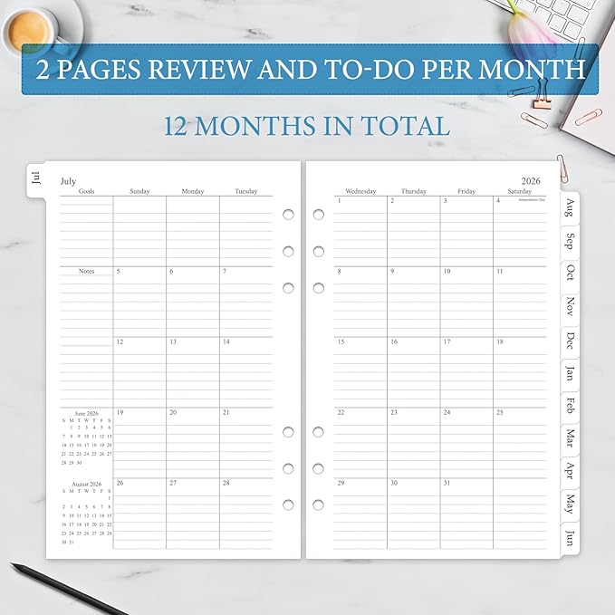 2026-2027 Weekly & Monthly Planner Refill, A5 Medium Planner Inserts for 6 Holes, 5.5"x8.5", July 2026 - June 2027, 12 Monthly Calendars with Laminated Tabs, 6-Hole Punched