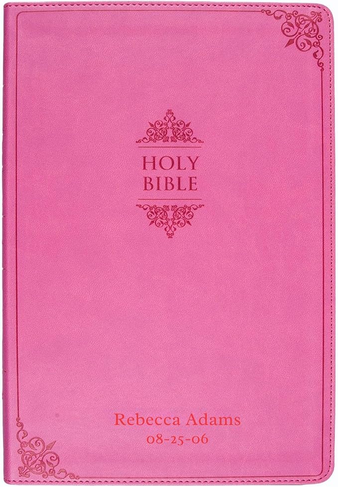 Personalized NIV Thinline Holy Bible Medium Print Size Custom Engraved | Includes Name and Up to 3 Rows of Text on Faux Leather cover | Custom Gift for Christian & Religious Celebrations | Pink