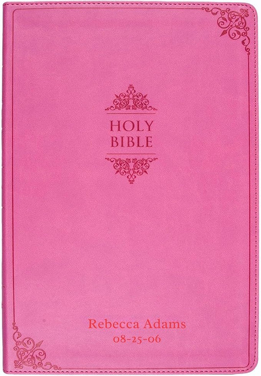 Personalized NIV Thinline Holy Bible Medium Print Size Custom Engraved | Includes Name and Up to 3 Rows of Text on Faux Leather cover | Custom Gift for Christian & Religious Celebrations | Pink