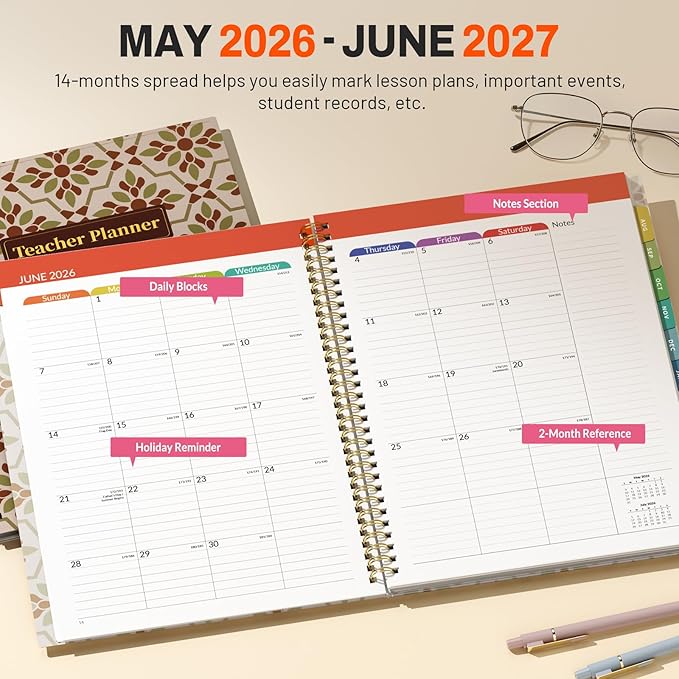 SUNEE Teacher Planner 2026-2027 Academic Year, 7 Periods Lesson Plan Book Jul 2026 - Jun 2027, 8.5"x11" Weekly Monthly Organizers Vertical Layout with Calendar, Bookmark, Waterproof Cover,Retro Floral