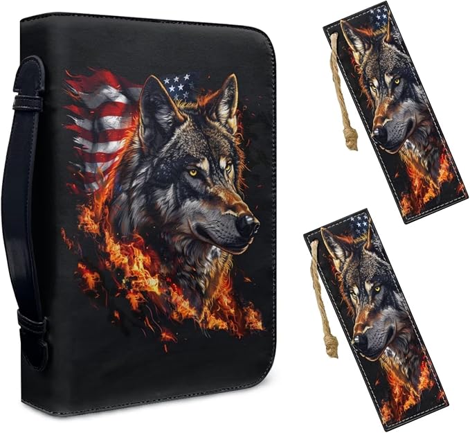 Lotusorchid Wolf Print Bible Carrying Case with 2 Book Marks, American Flag Leather Bible Cover for Women, Large Bible Case for Girls, Black, Size L