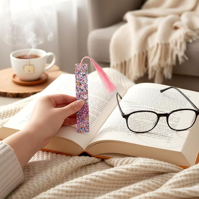 4Pcs Glitter Bookmarks for Girls, Acrylic Bookmark with Colorful Tassels for Women Girls Book Lovers Birthday Gifts Reading Presents (Purple+Pink)