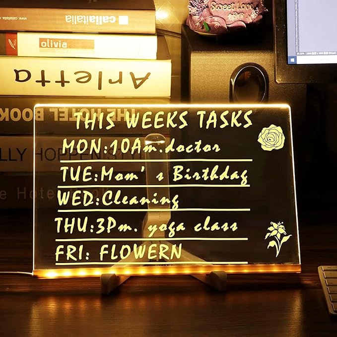 LED Note Board with Colors, Acrylic Led Note Board with Colors, Light up Dry Erase Board with Stand & 7 Pens, Glowing Memo Letter Message Board for Home Office School (7.87" x 11.81")