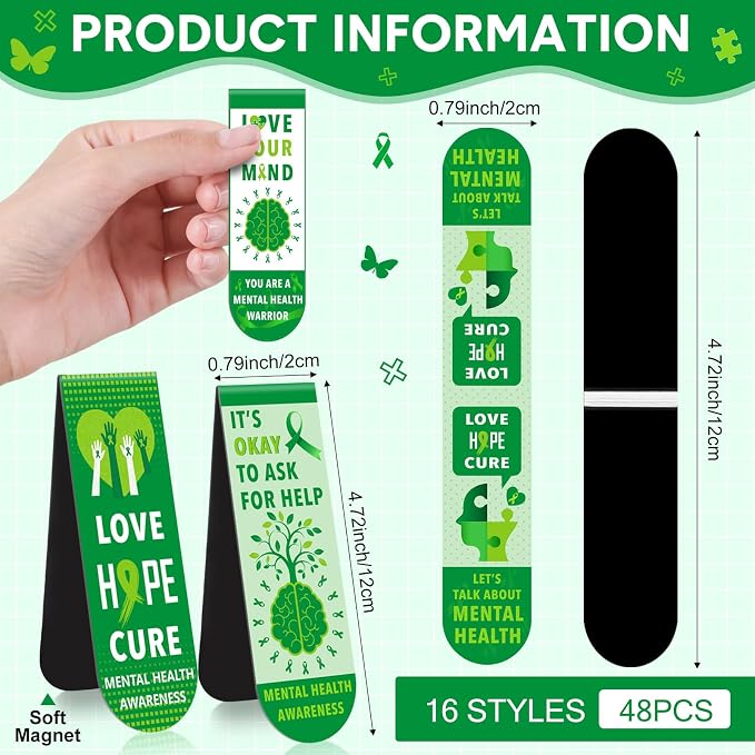 48 Pcs Mental Health Awareness Bookmarks Green Positive Psychology Affirmations Therapy Inspirational Magnetic Bookmarks Health Month Fundraiser Event Classroom Stationery Handout Supplies