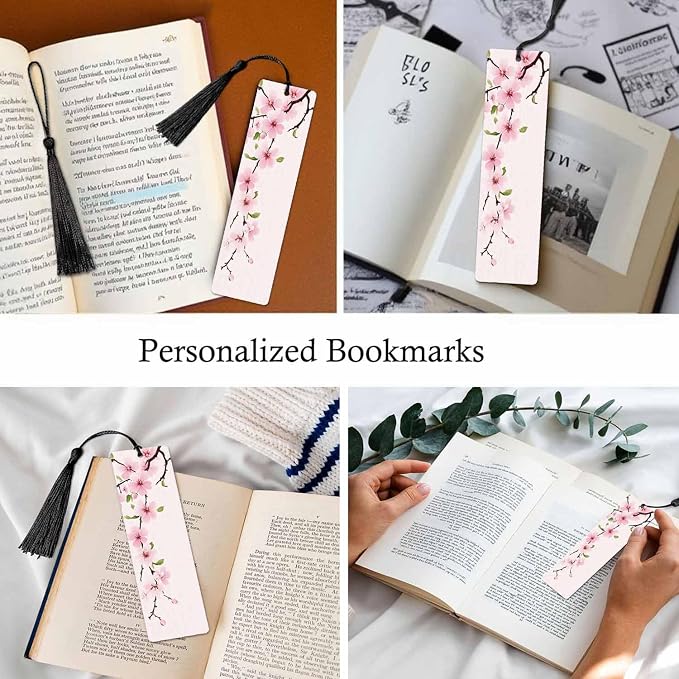 Cherry Blossom Bookmarks 5 Pcs with Tassels Pink Flowers Branch Romantic Spring Wooden Bookmarks for Reading Women Students Teacher Reader