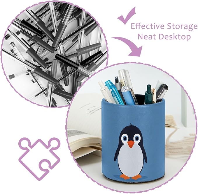 Penguin Pen Holder Pencil Organizer Cute Pencil Cup Desk Decor Makeup Brush Holder PU Multifunctional Office Supplies for Home Classroom School