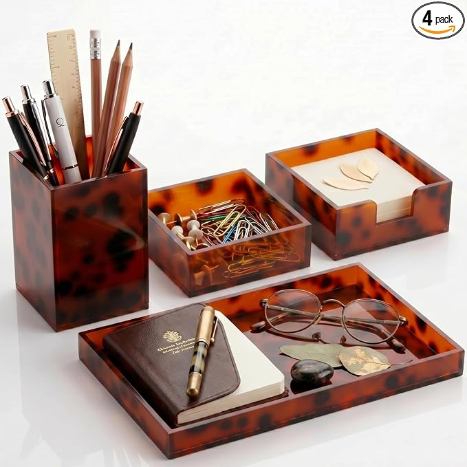 4 Pcs Tortoiseshell Desk Drawer Organizer Set Aesthetic Pen, Paperclip, Sticky Note Holder, Desk Rrganizer Tray for Office Home Supplies