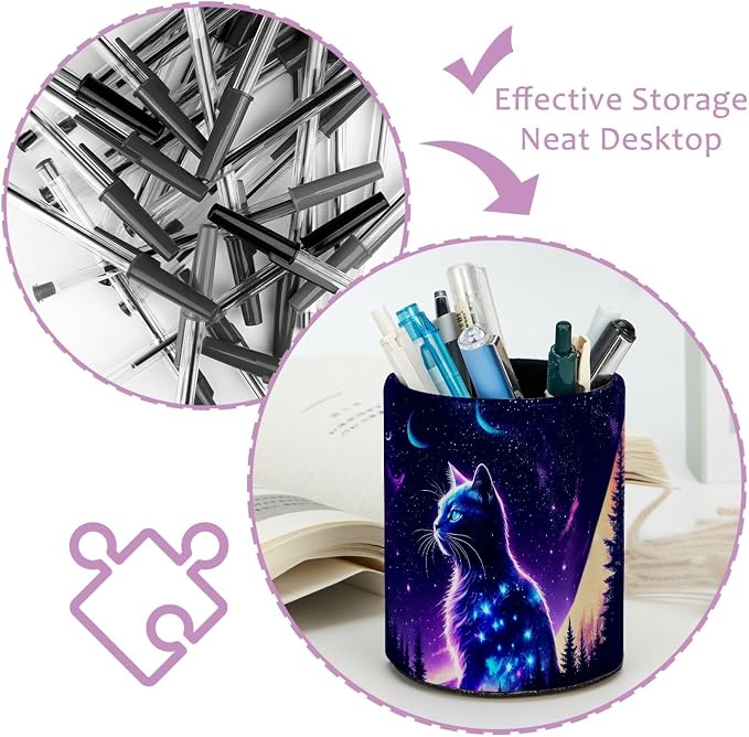 Fantasy Purple Starry Sky Cat Pen Holder Pencil Organizer Cute Pencil Cup Desk Decor Makeup Brush Holder PU Multifunctional Office Supplies for Home Classroom School