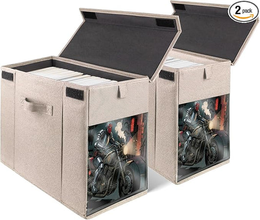 2 Pack Comic Book Storage Box with Lid for Modern Age, Collapsible Magazine Organizer with Clear Window, Beige