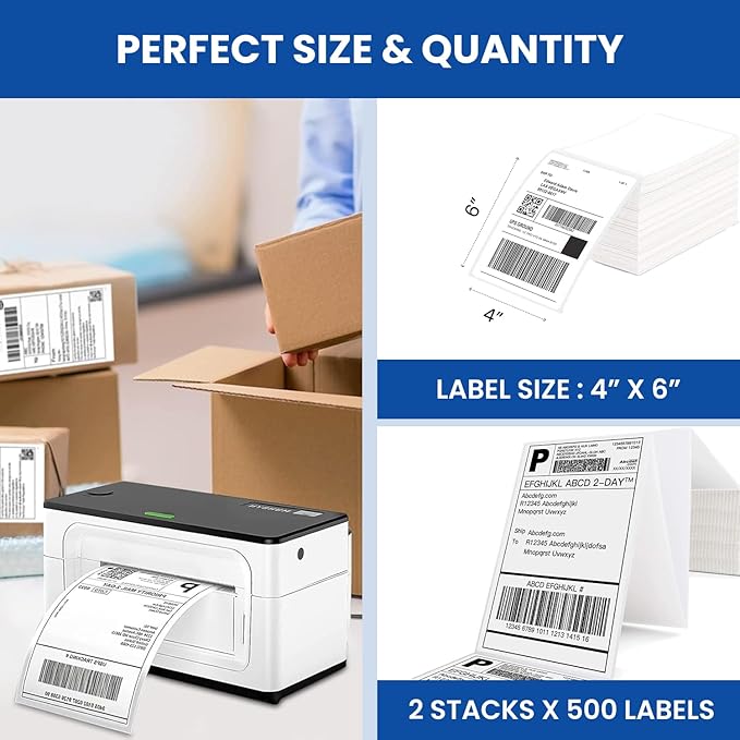 BEEKAY 2 Stack of 500 Label, 4x6 Thermal Direct Shipping White Fanfold Label Stack for Mailing Perforated,Strong Adhesive, Commercial Grade Compatible with Printer Like Rollo, MUNBYN, Zebra, Polono