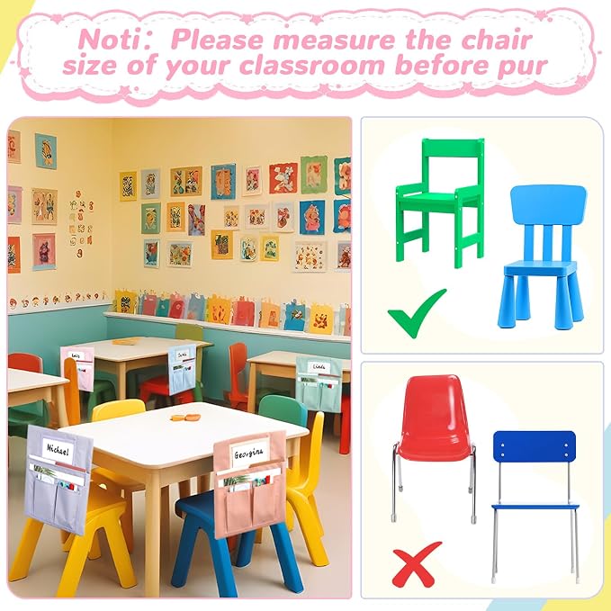 gisgfim 24 Pcs Small Chair Pockets for Classroom 13 x 14 Inch Bag with Name Tag Multi Pockets Chairsback Pouch Organizer for Student Kindergarten Elementary Daycare (Pastel)