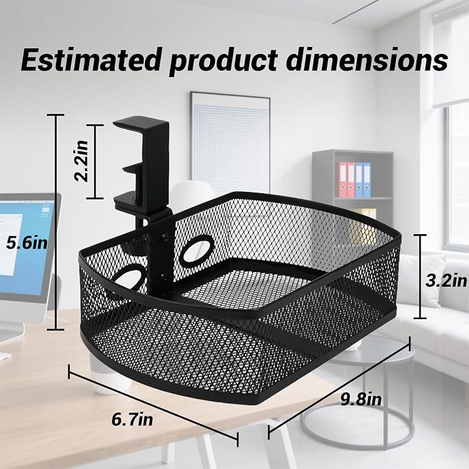 Clamp-On Hanging Desk Organizer - Metal Under-Desk Storage with Clamp Mount, Desk Attachments for Home/School/Office, Essential Office Supplies