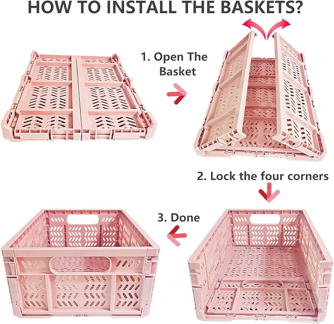 20L Foldable Crates, 4Pack Plastic Baskets for Home and Office,Plastic Folding baskets,Collapsible Crates for Chrismas Gifts, Toys Storage. (Light Pink,15.7x11.8x6.3Inc)