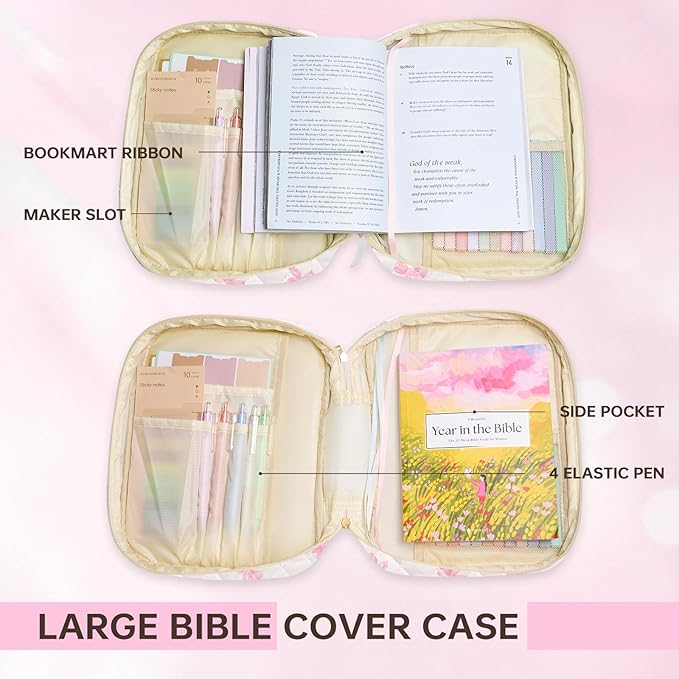 Bible Cover Case for Women Large Bible Cover Bag Quilted Bible Carrying Case for Girls Bible Study Supplies Accessories Christian Gifts for Women (New Pink Bow, Large)